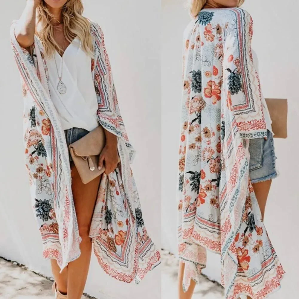 Boho Floral Kimono Duster Cardigan Top - Picture 2 of 7